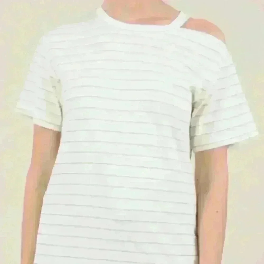 Molly Bracken Cream Gold Metallic Striped Ribbed Cutout Shoulder Tee‎ L/XL